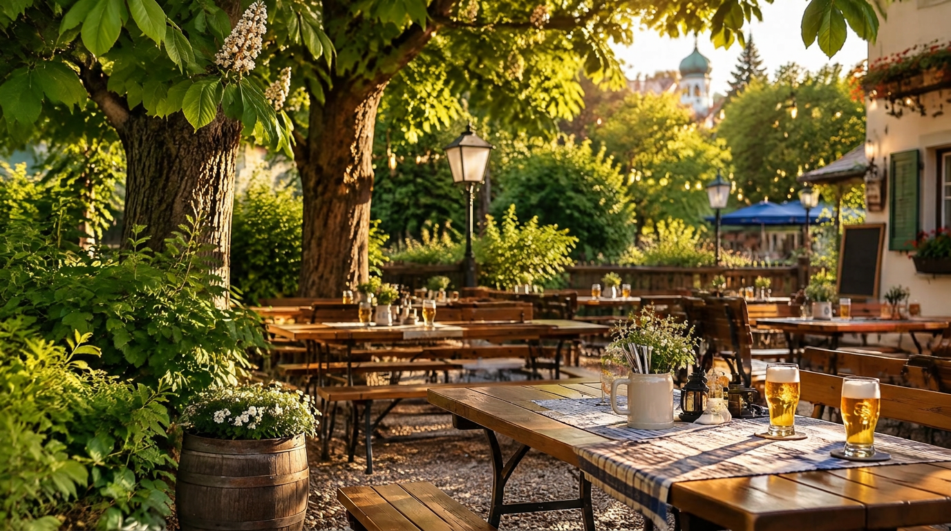 Biergarten mit Holztischen unter grünen Bäumen