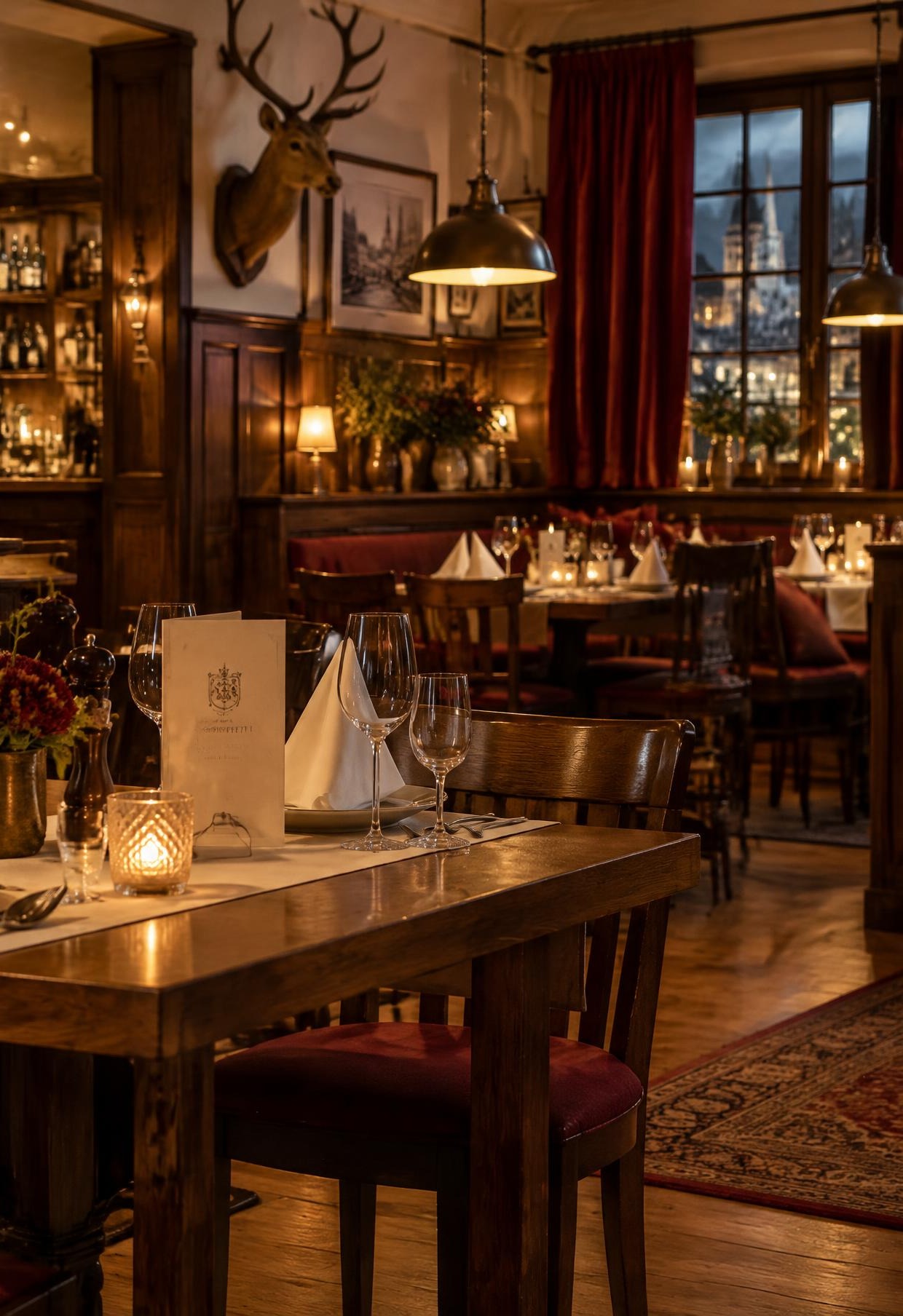 Warm beleuchteter, eingedeckter Restauranttisch am Abend